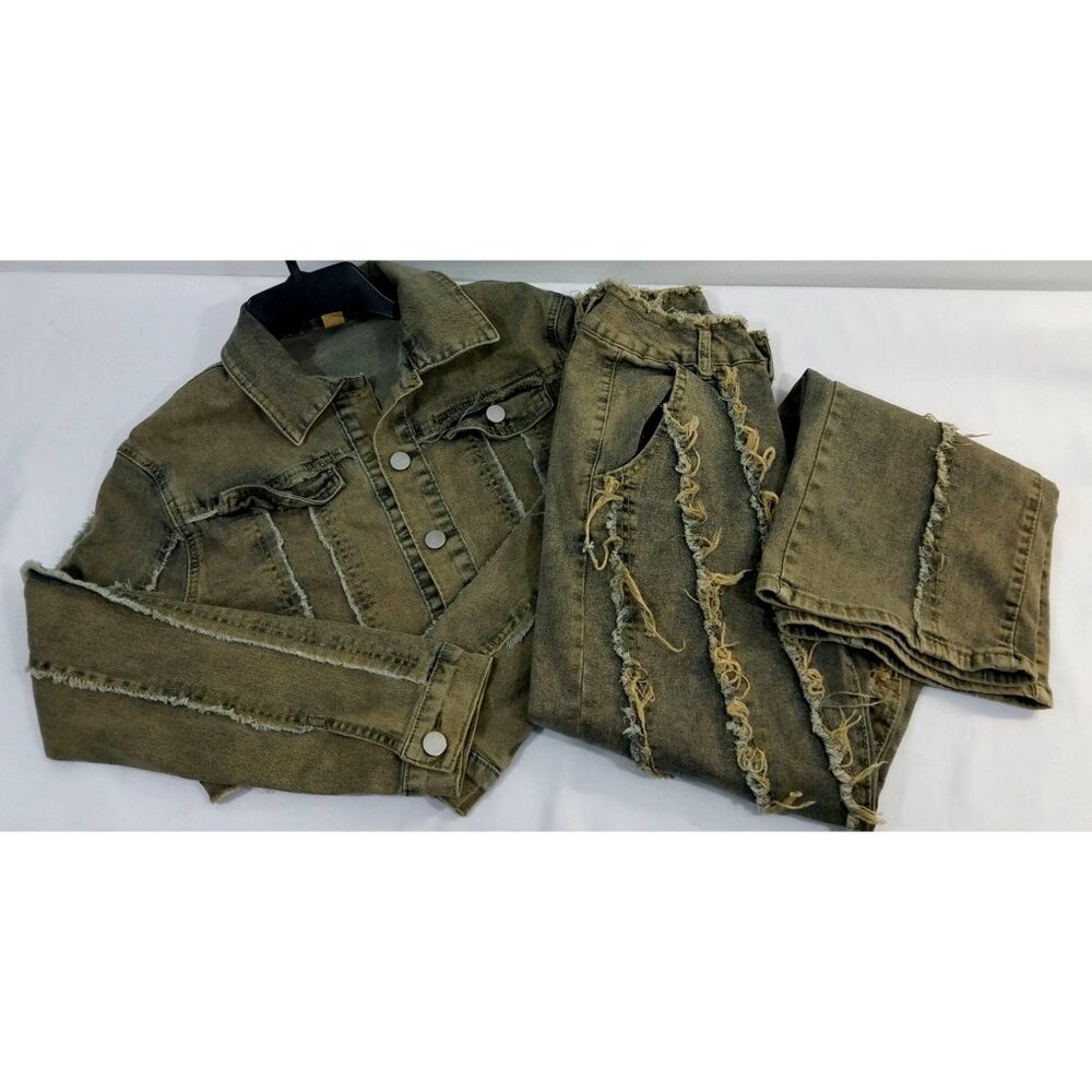 Y2K Denim Jacket & Pants Set Size M Distressed Olive Green Raw Edges Cropped Jac